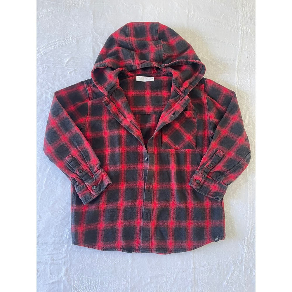 Zara Boys‎ Hooded Plaid Flannel Shirt Jacket Red Black Skate Play Size 134 8-9Y